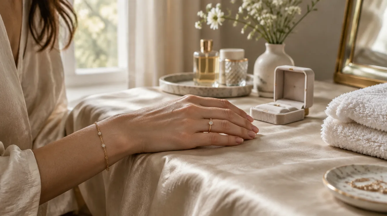 A woman's hand resting on a dressing table wearing a delicate ring and bracelet, beside an open ring box, perfume bottles, and folded towels