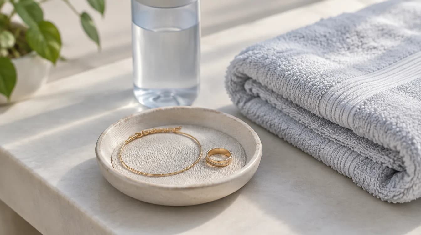 A gold bracelet and ring in a small ceramic dish on a marble counter, next to a water bottle and folded towel