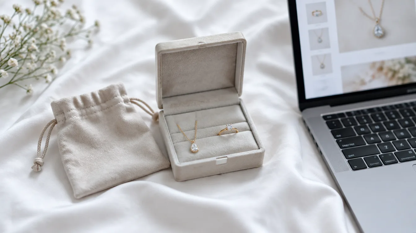 A velvet ring box holding a necklace and ring beside a drawstring pouch, next to an open laptop showing jewellery product photos on a bed