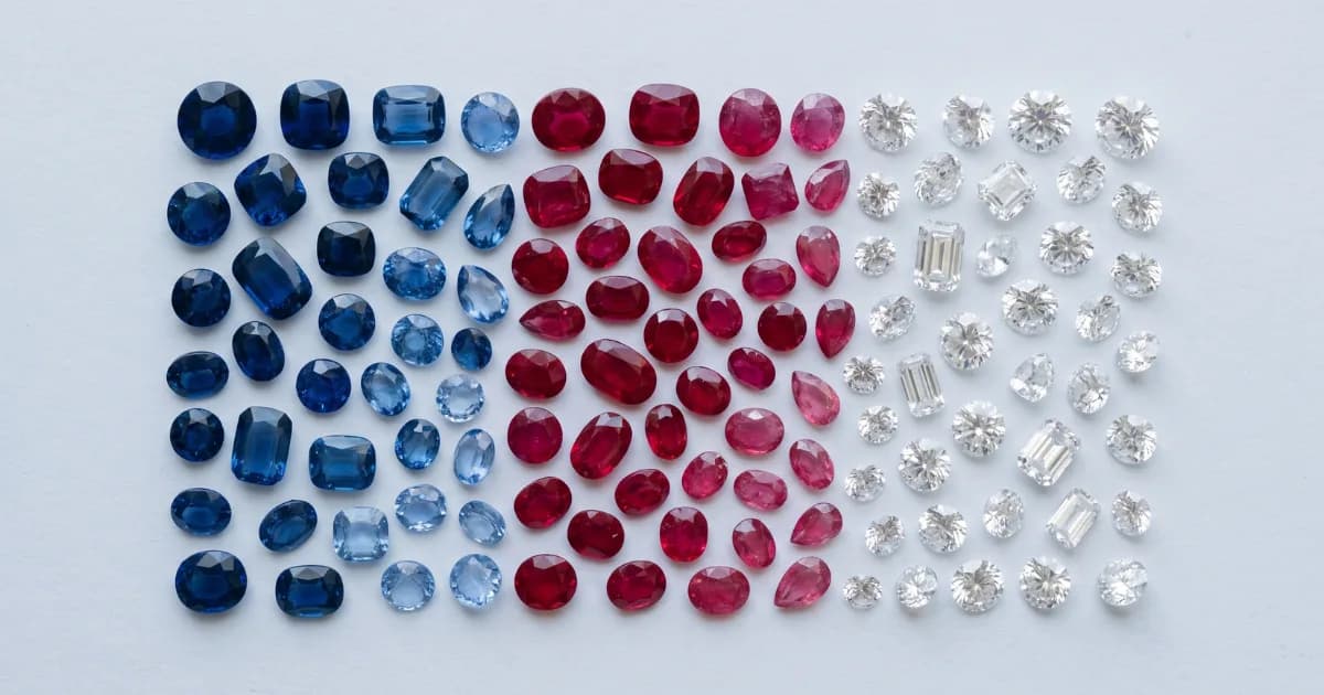 About a hundred loose gemstones arranged in colour-graded rows, sapphires from deep to pale blue, rubies from deep to pale red, and white diamonds, on a light grey surface