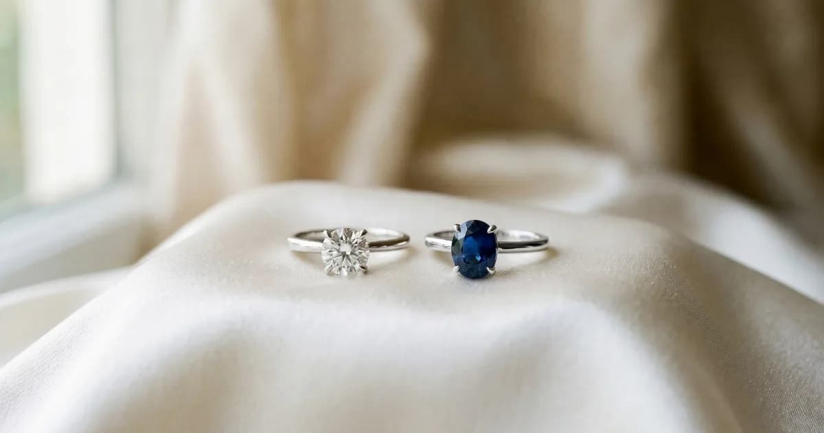 Two rings side by side on ivory fabric, one set with a round diamond and the other with an oval blue sapphire