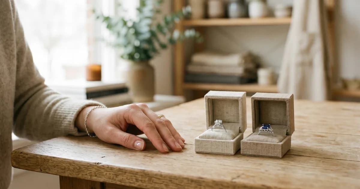 A hand reaching toward two open ring boxes on a wooden table, one holding a diamond ring and one a sapphire ring, near a potted plant and folded linens