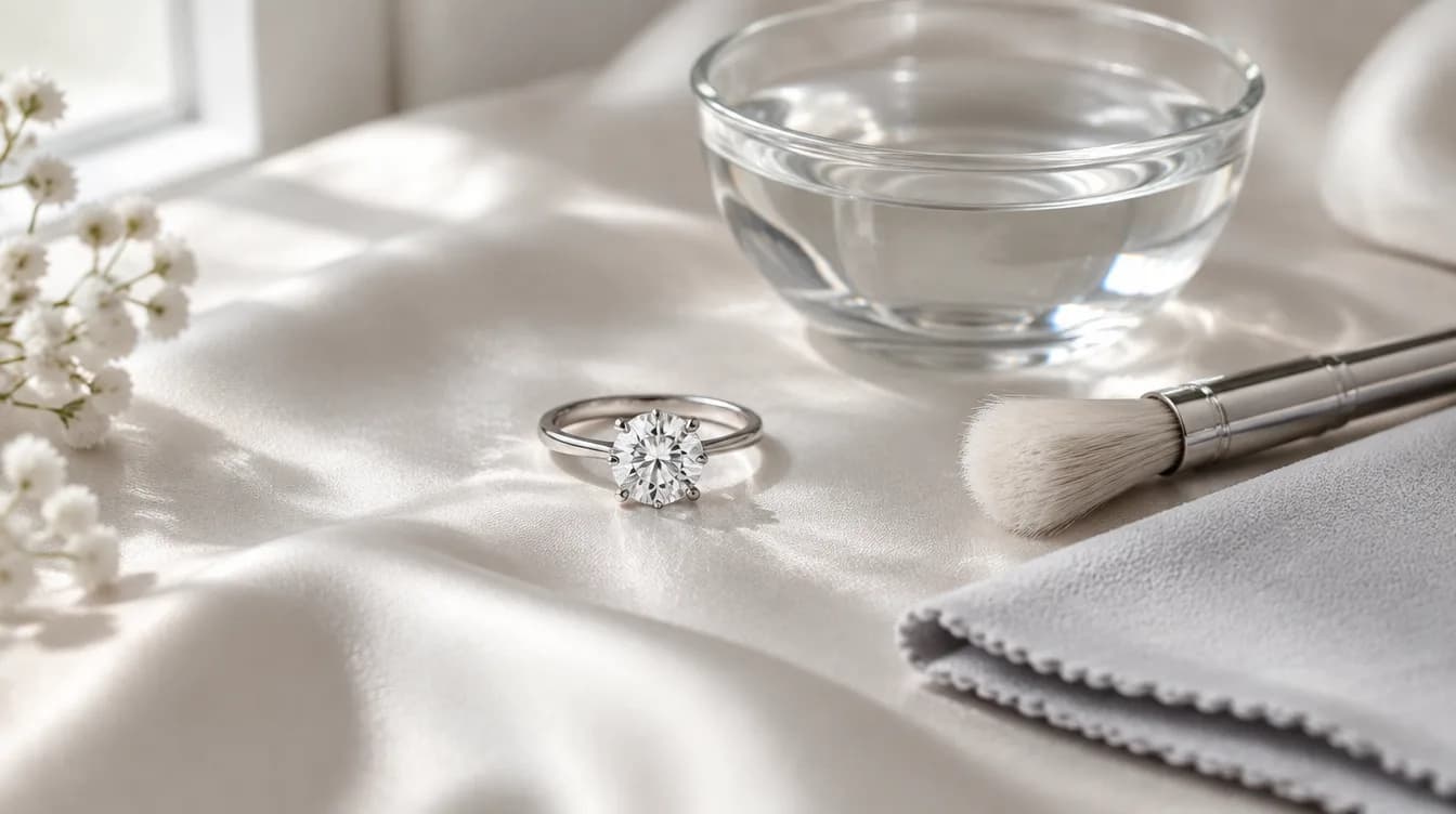 A diamond solitaire ring on white silk beside a glass bowl of water, a soft brush, and a folded cleaning cloth