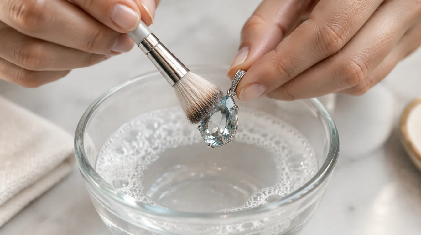 Two hands dipping a pear-shaped aquamarine pendant into soapy water with a soft brush