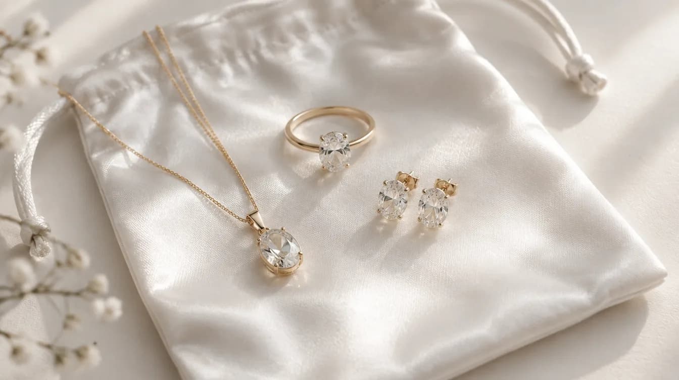 A matching necklace, ring, and pair of earrings set with clear oval stones, laid on a satin drawstring pouch