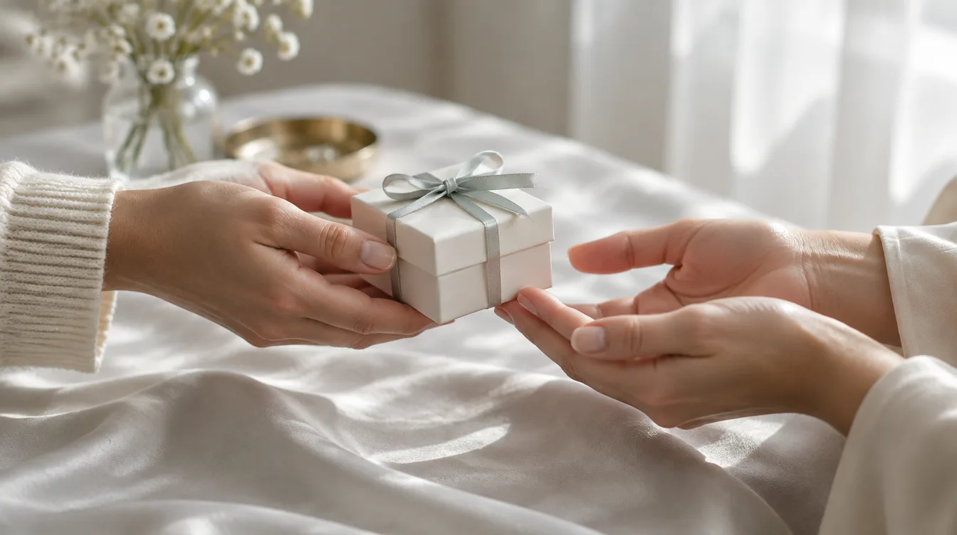 Two hands exchanging a small white gift box tied with a grey ribbon, over a silk tablecloth