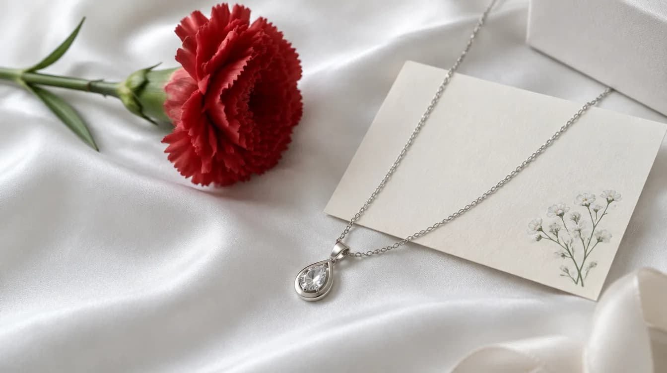 A pear-shaped pendant necklace draped over a floral gift card beside a single red carnation