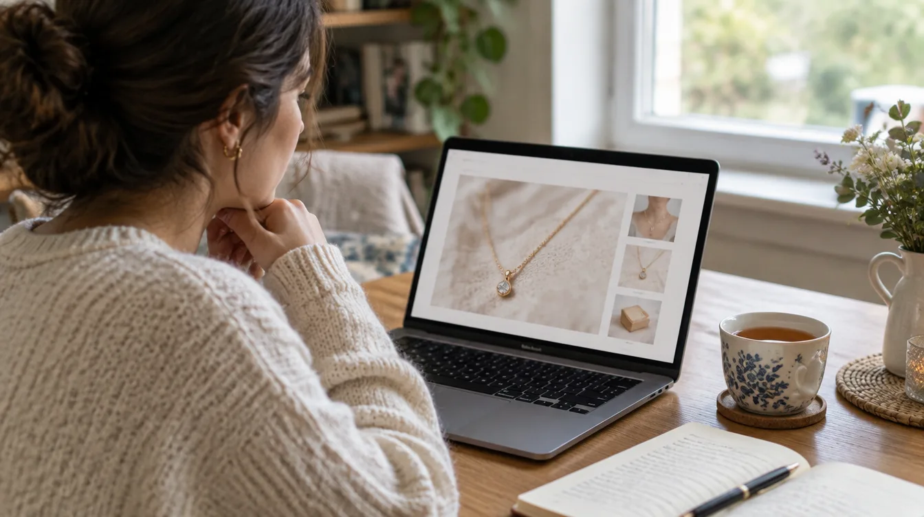 A woman studying a laptop screen showing a gold pendant necklace, with a cup of tea and an open notebook on the desk