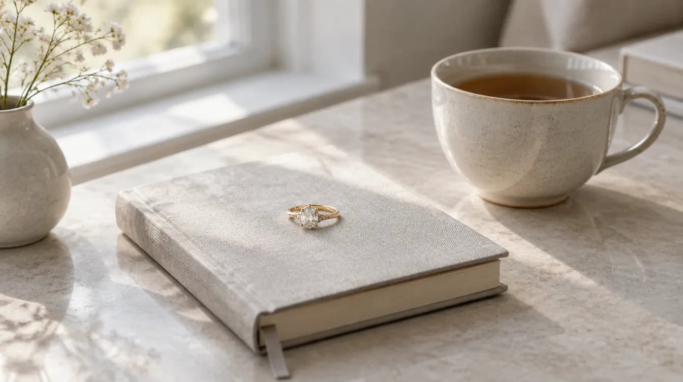 A gold ring with a clear stone resting on a closed book beside a cup of tea by a window