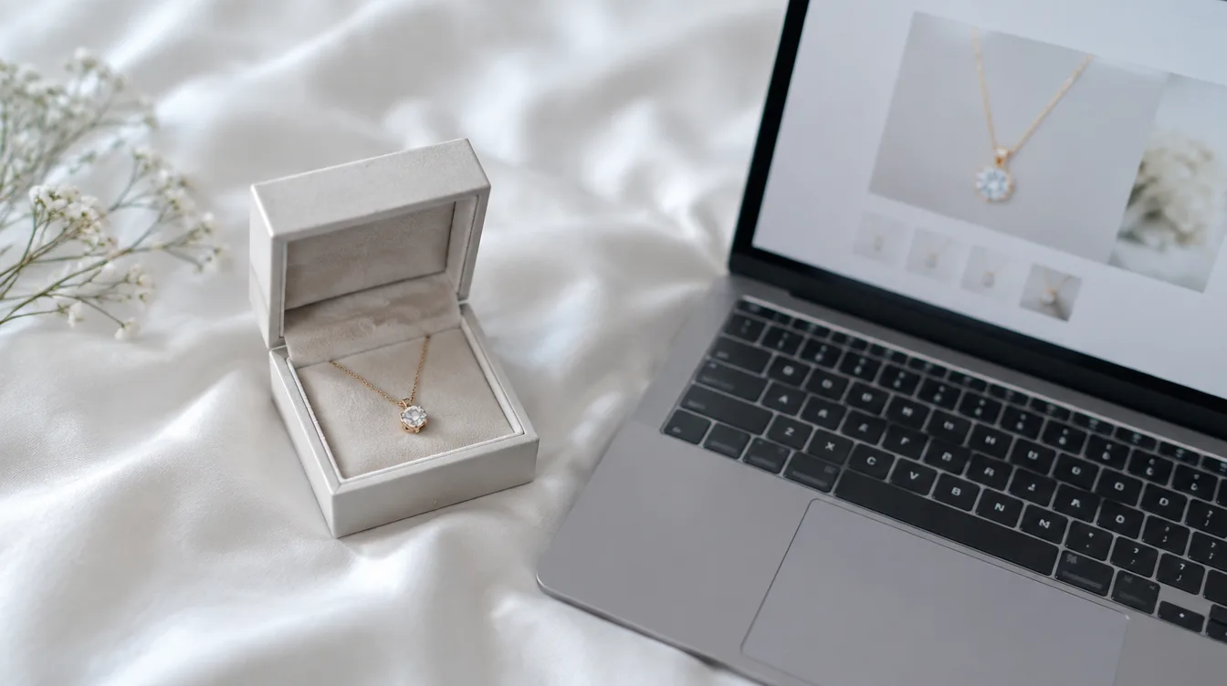 A pendant necklace in an open ring box beside a laptop displaying the same necklace on a product page