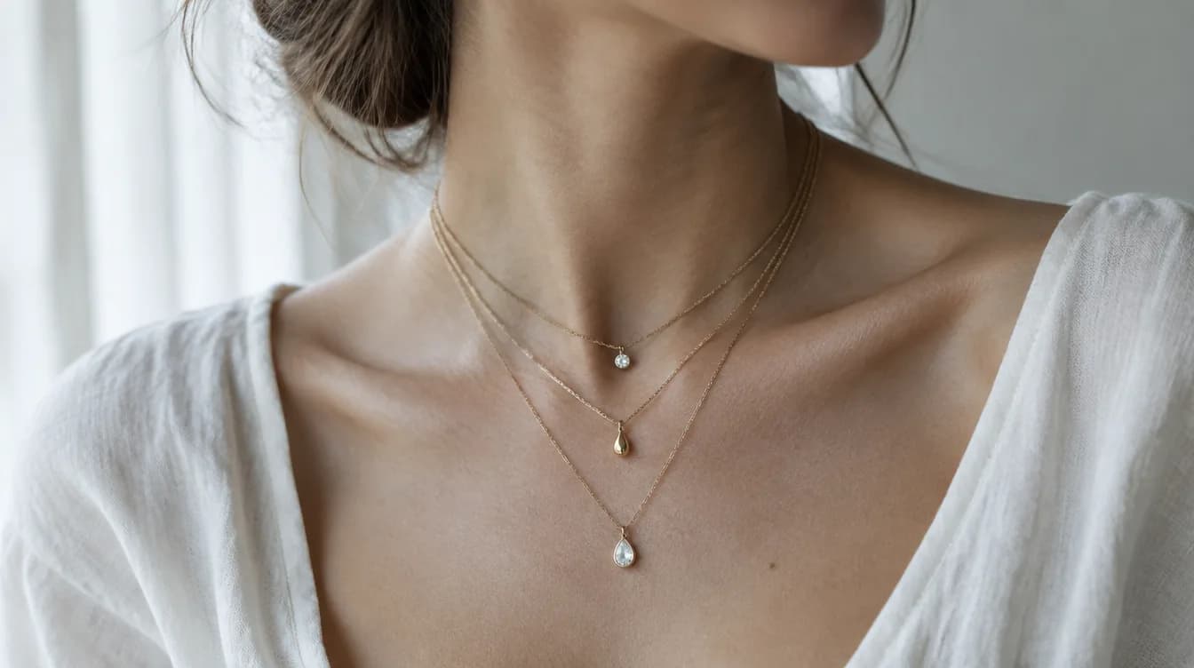 Three layered gold necklaces at different lengths on a woman's neckline, each with a small clear stone pendant