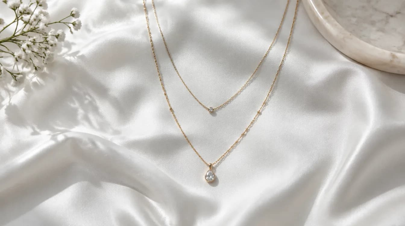 Two layered gold necklaces with clear stone pendants draped on white silk beside a marble dish