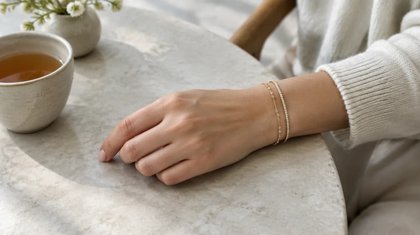 A wrist wearing two thin gold bracelets, resting on a marble table beside a cup of tea