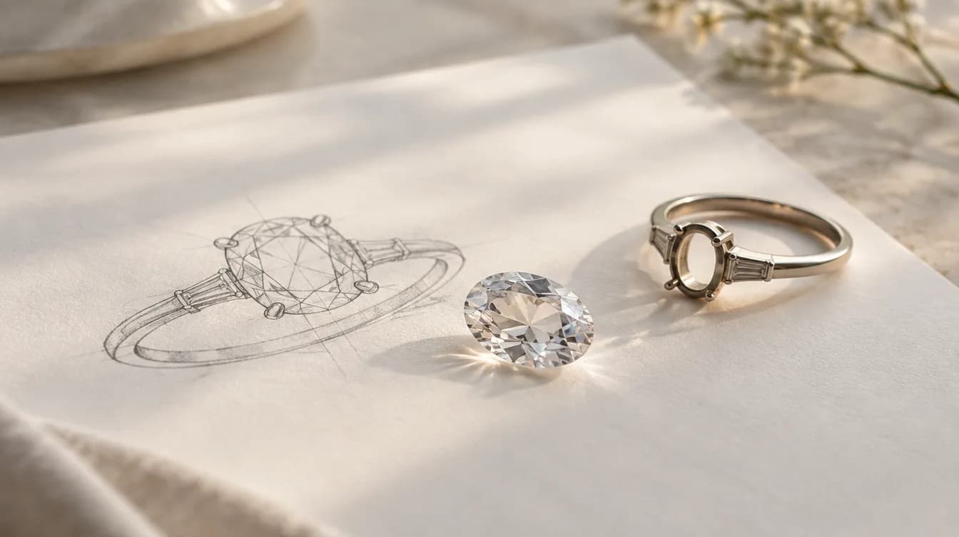 A pencil sketch of a three-stone ring beside a loose oval diamond and the finished gold ring with baguette side stones