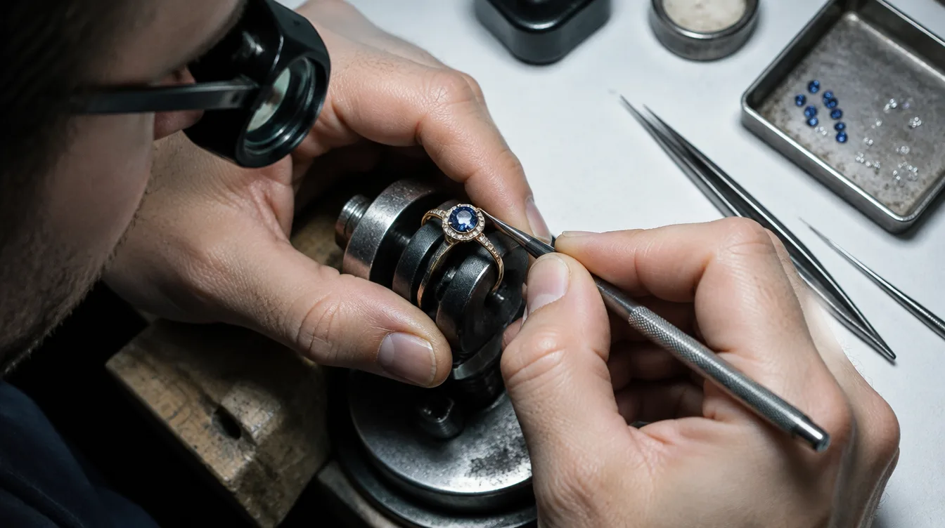 A jeweller setting a blue stone into a ring held in a workbench vice, with tweezers and loose sapphires in a tray