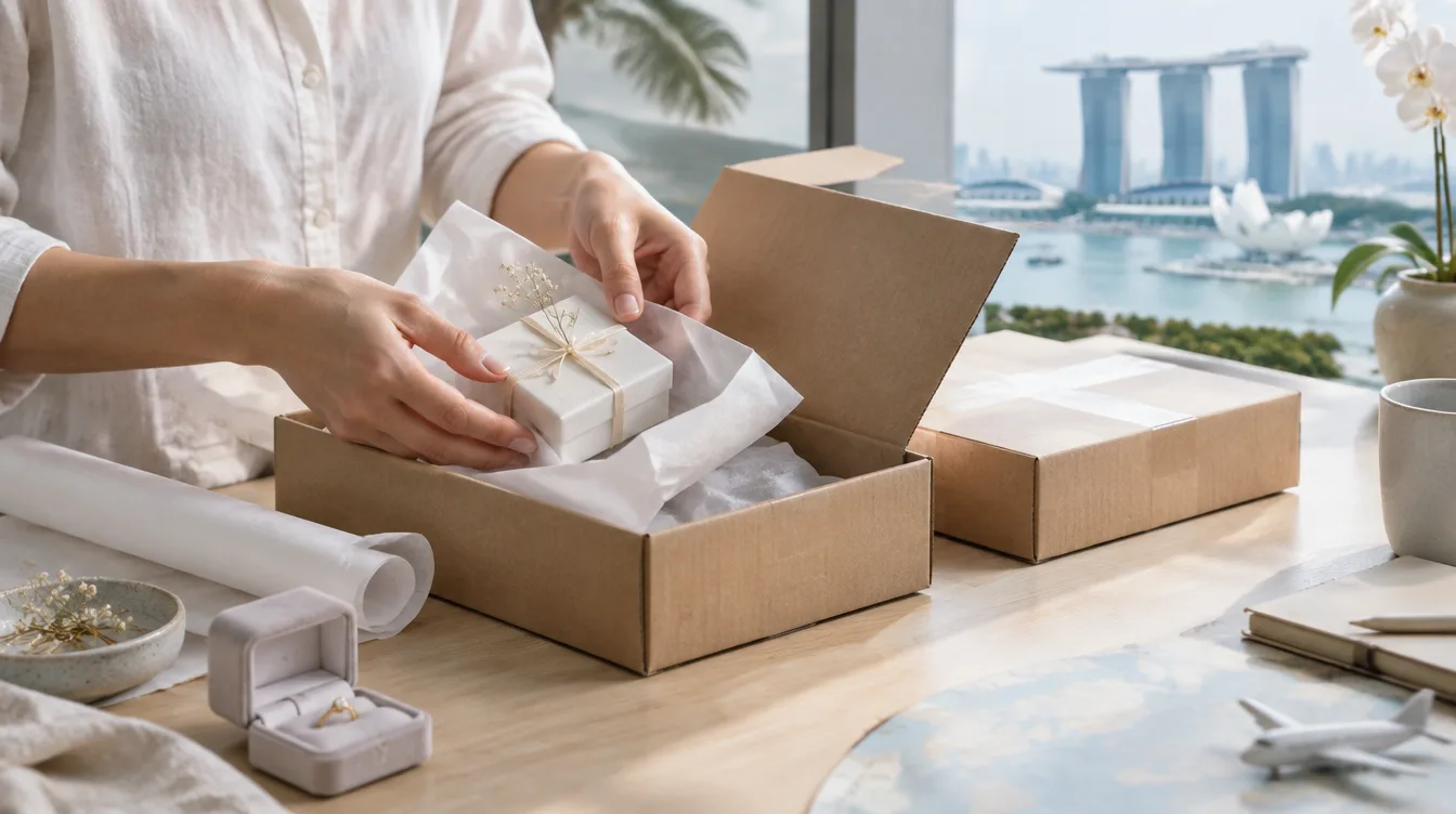 Hands wrapping a small gift box in tissue paper at a desk overlooking Marina Bay Sands and the Singapore skyline