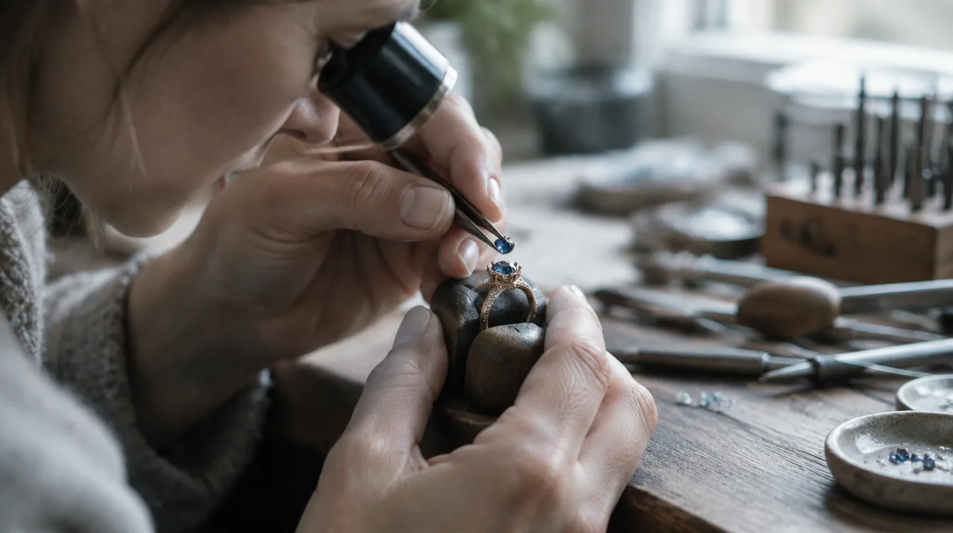 A jeweller under a loupe setting a blue stone into a gold ring held in a workbench vice, with tweezers and loose sapphires in a tray