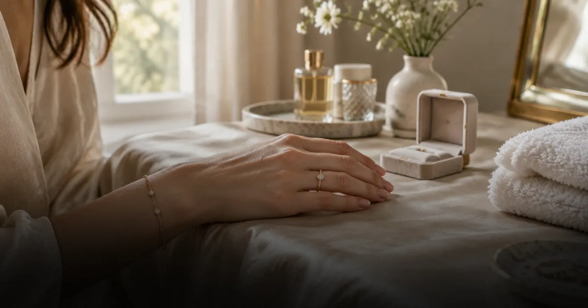 A woman’s hand resting on a bed, wearing a fine diamond ring and a delicate station bracelet, a dressing table and open ring box behind