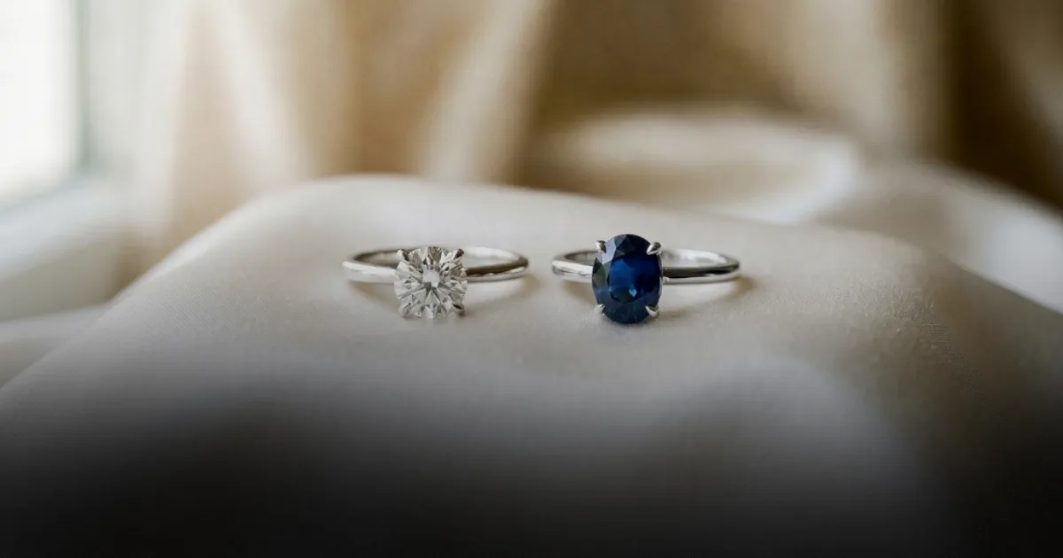 Two solitaire rings side by side on cream fabric, one set with a colourless round diamond and one with an oval blue sapphire