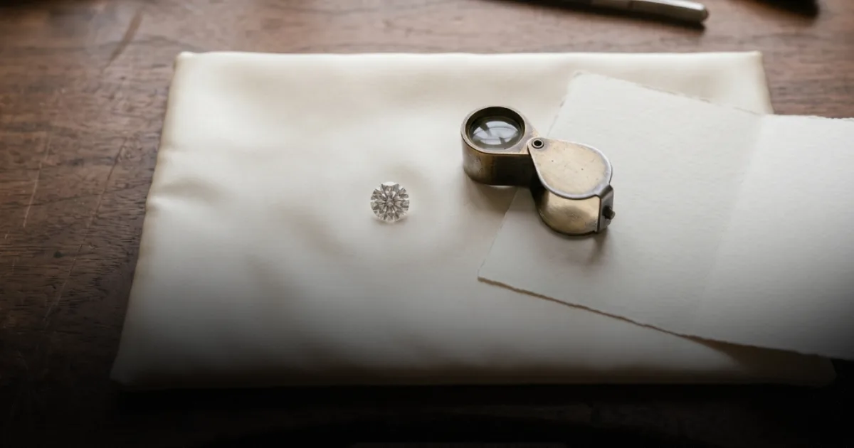A single round brilliant diamond on folded cream cloth beside a brass jeweller's loupe and a torn-edge card, on a dark wooden bench
