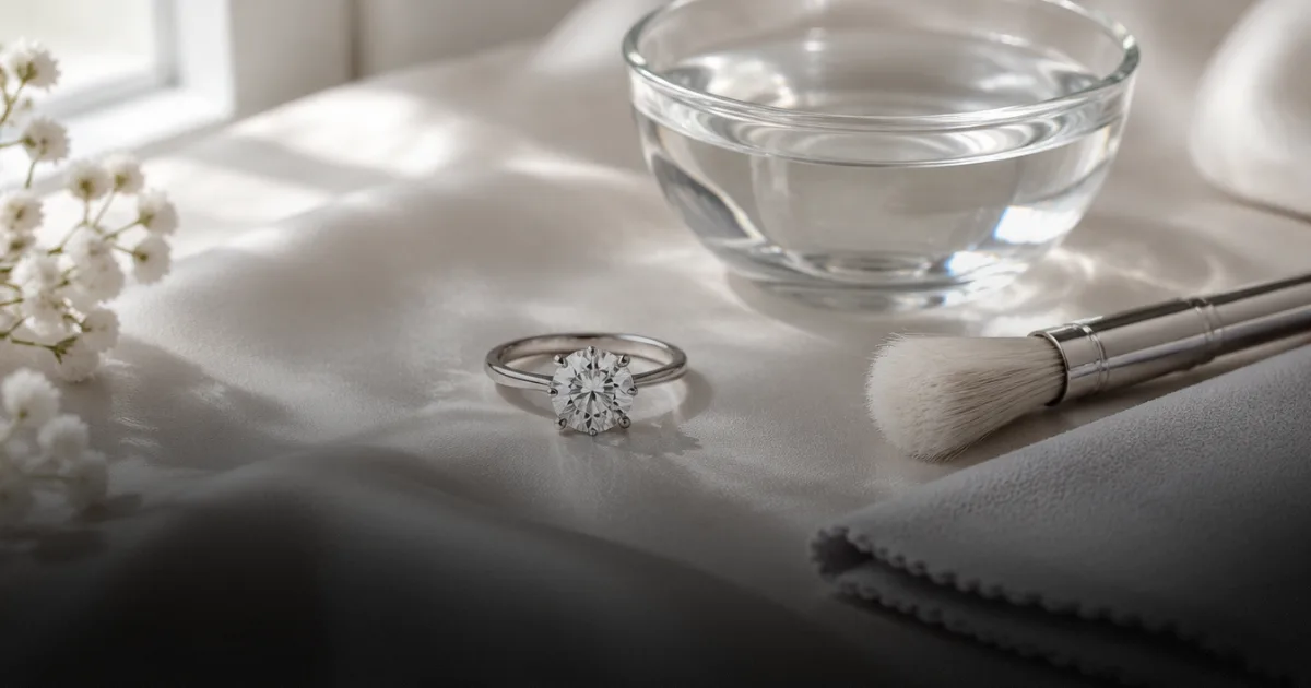A solitaire diamond ring on pale silk beside a glass bowl of water, a soft-bristled brush and a grey polishing cloth