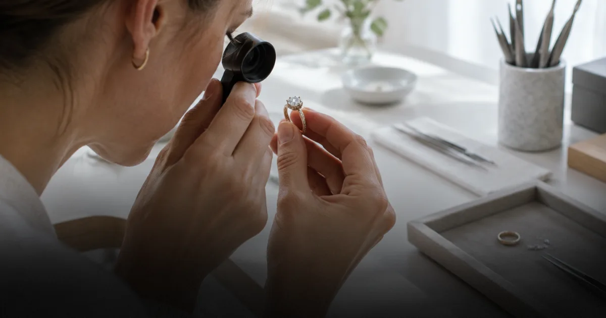 A jeweller examining a diamond ring through a loupe at a workbench, with tweezers and a second ring on a tray
