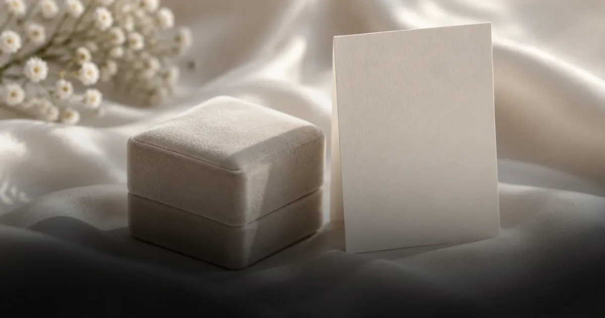 A closed pale velvet ring box beside a blank folded card on ivory silk, with gypsophila blooms behind