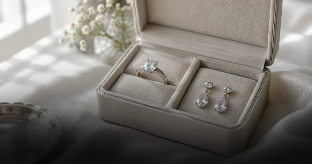 An open cream velvet jewellery box holding an oval-stone ring and a pair of pear-drop earrings in separate compartments
