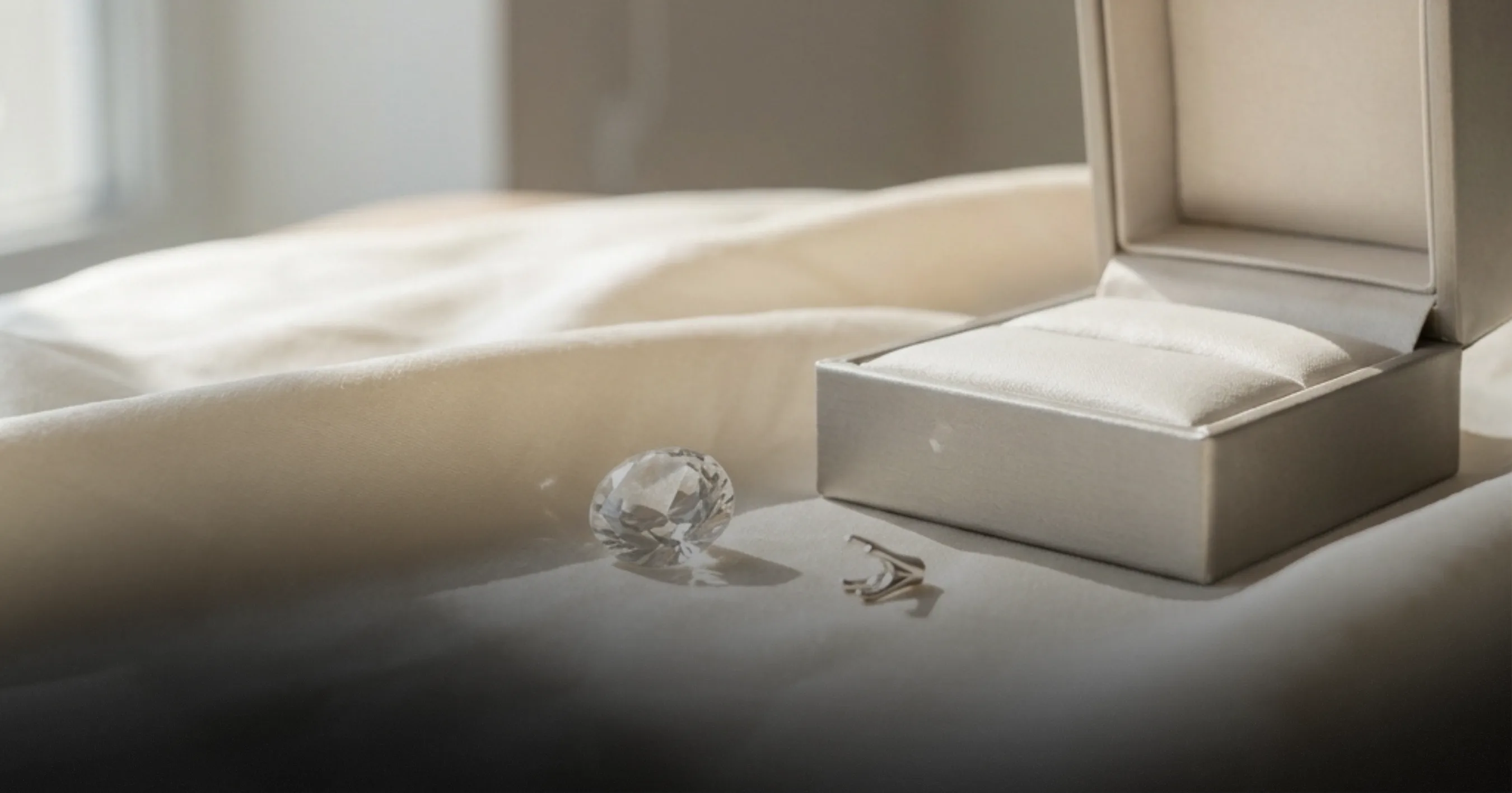 An empty jewellery box beside a loose certified stone, representing a piece made only after it is ordered.