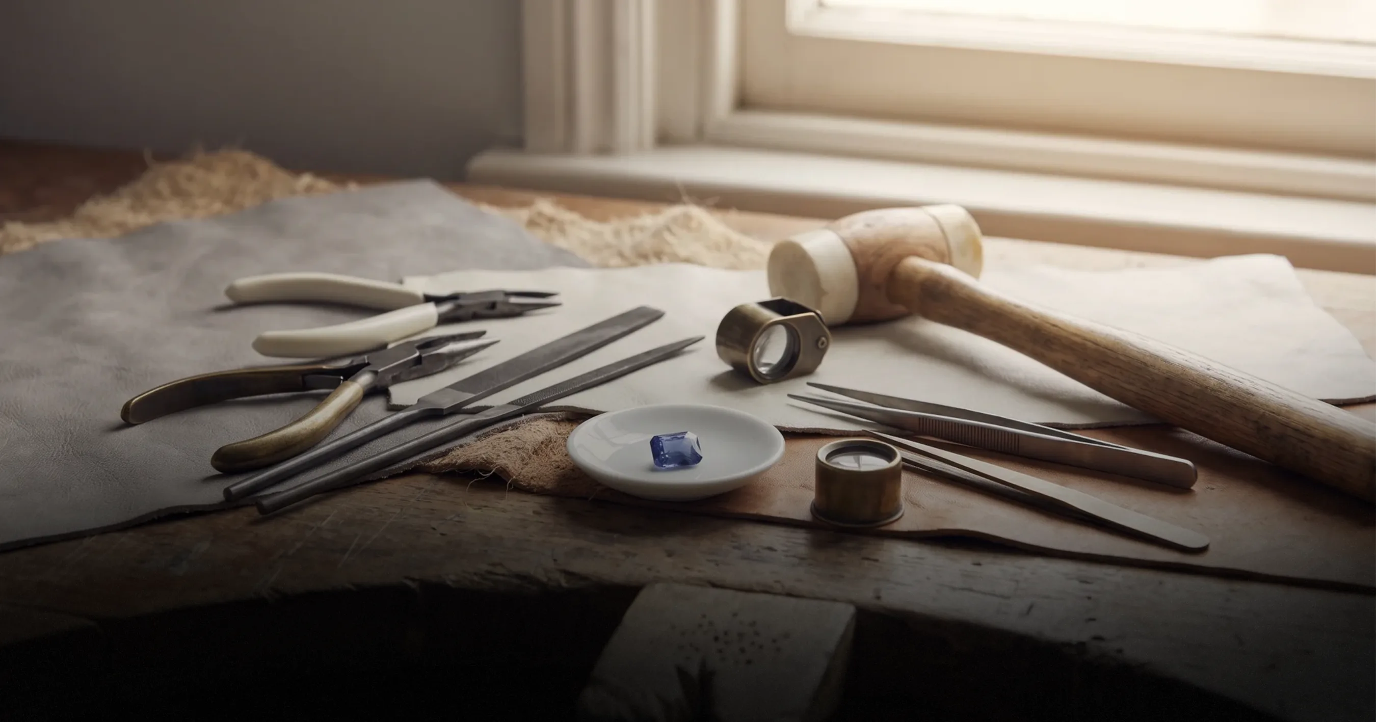 A jeweler's workbench with hand tools, a mandrel, a small hammer, and a blue gemstone in a dish by a window.