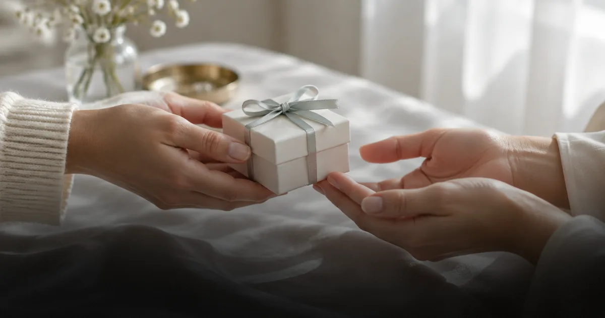 Two people's hands exchanging a small white gift box tied with a ribbon over a bed.