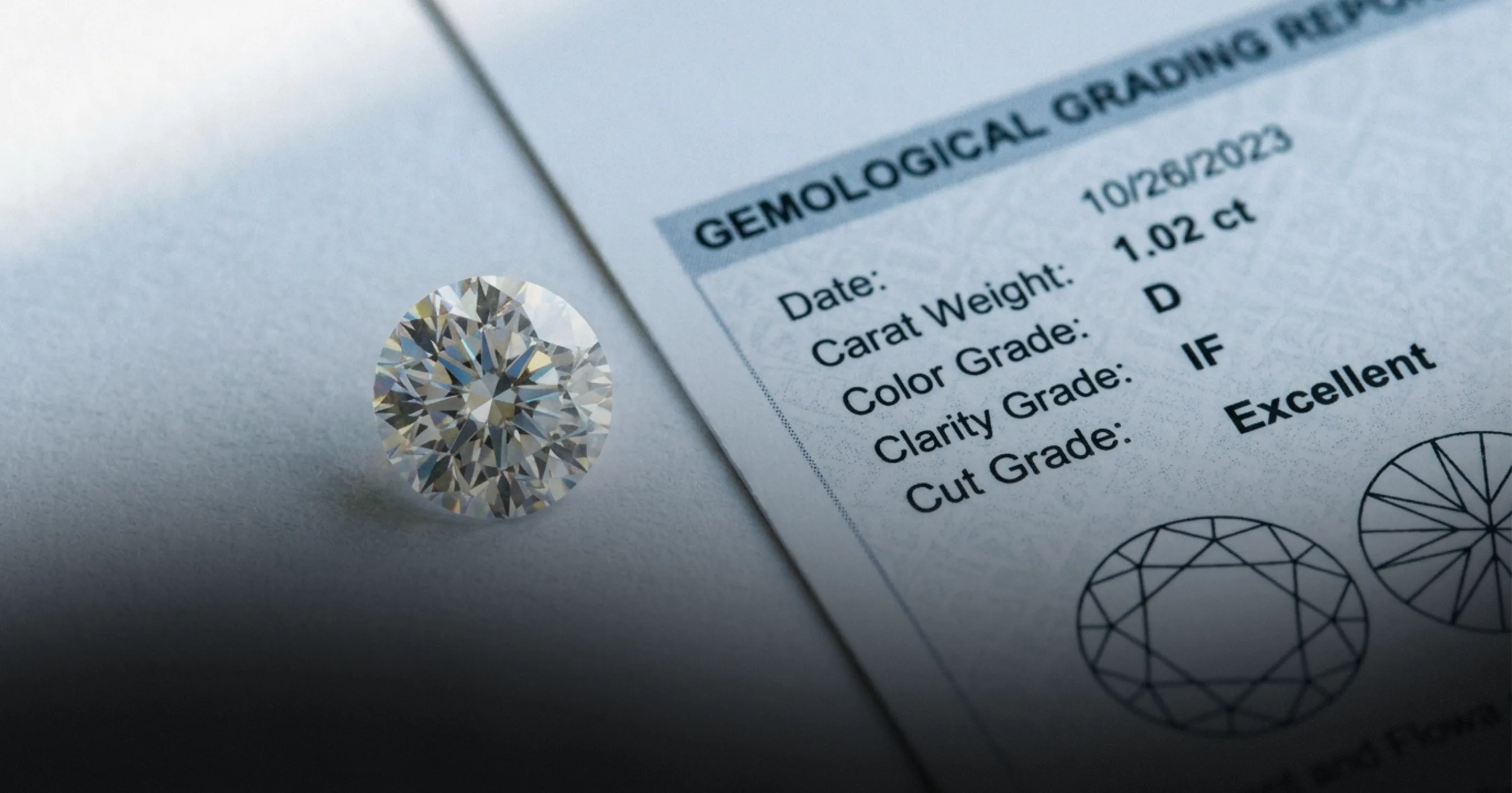 A round diamond beside a gemological grading report listing carat weight, color grade, clarity grade, and cut grade.