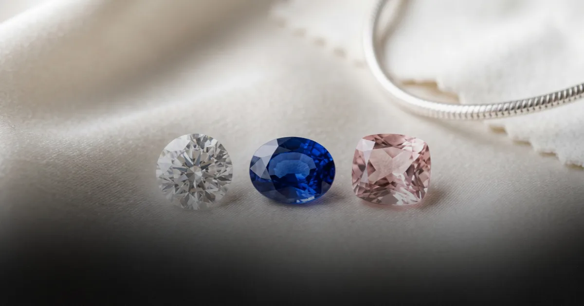 Three loose gemstones — a diamond, a blue sapphire, and a pink morganite — lined up beside a silver chain on white fabric.