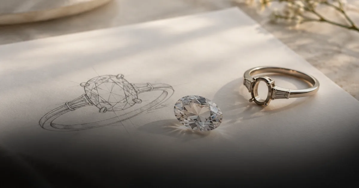 A pencil sketch of a ring design, a loose oval gemstone, and the finished ring set with baguette diamonds, laid on paper.