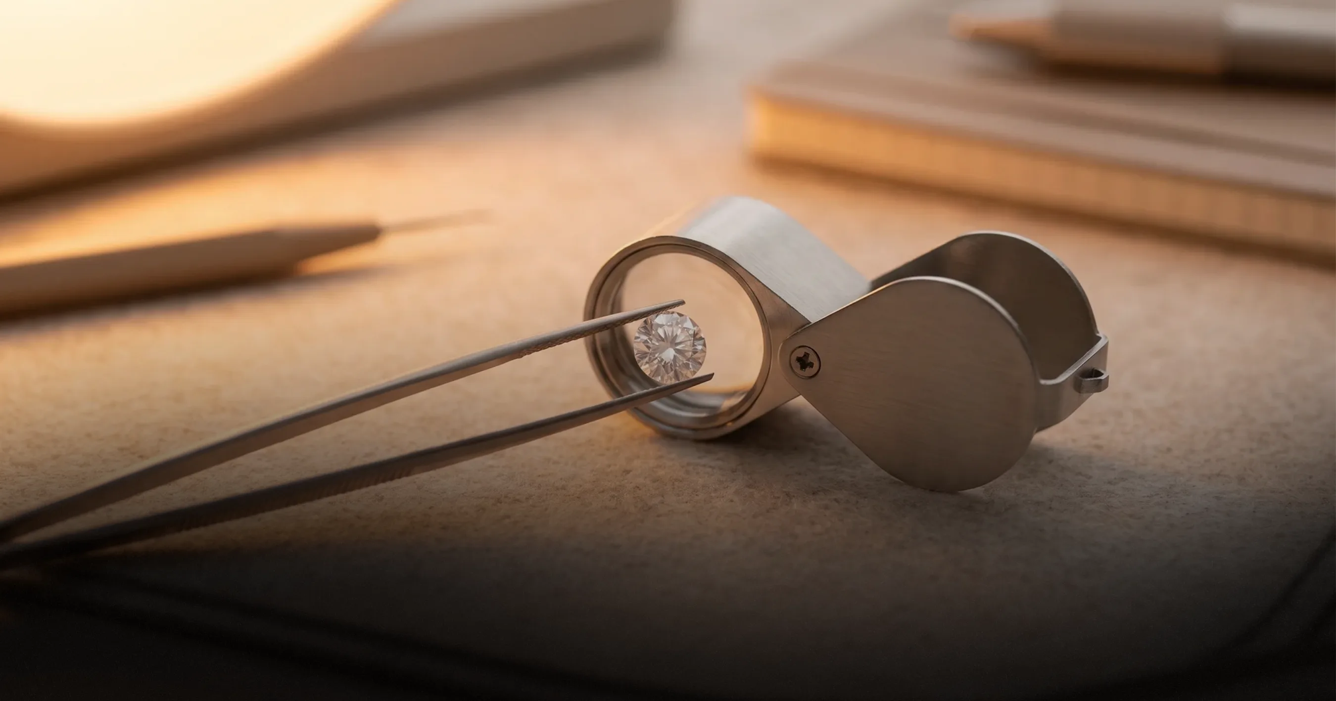 Jeweler's tweezers setting a diamond ring into place, viewed through a loupe on a wooden desk.