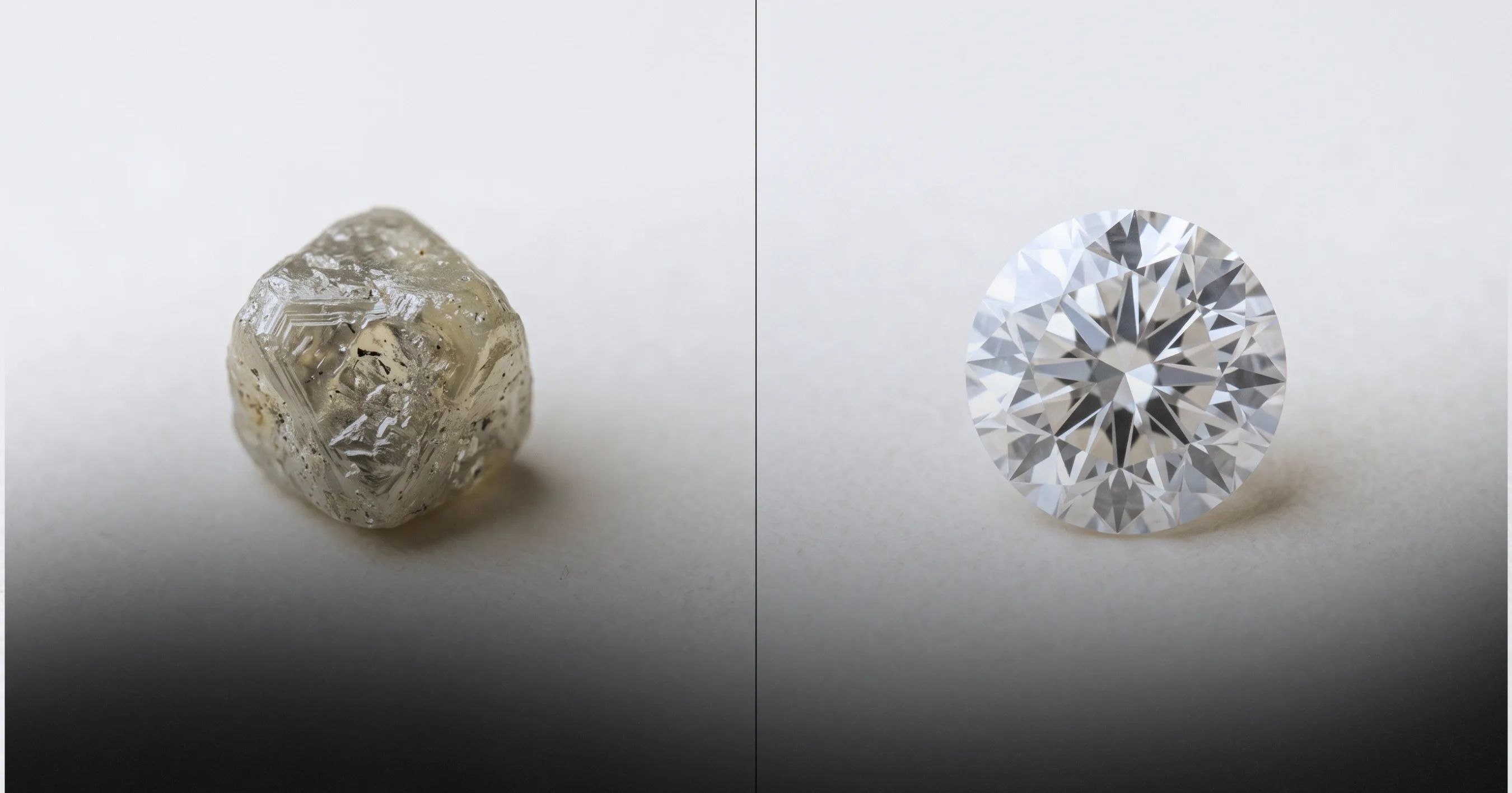 Rough uncut diamond crystal beside a polished round brilliant diamond, comparing natural stone to a cut diamond.
